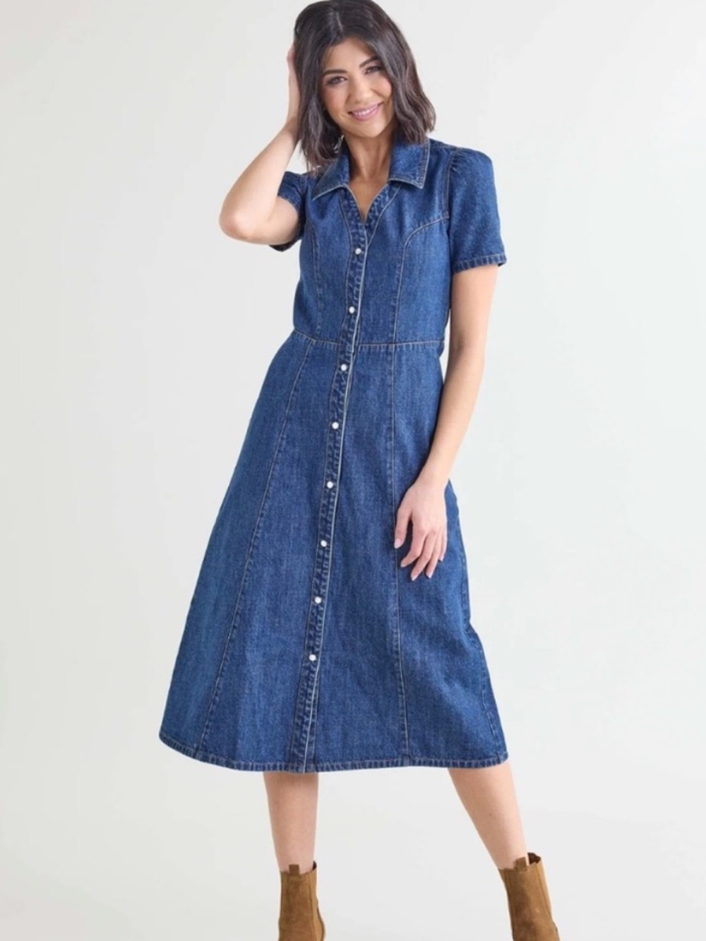 Downeast Denim Midi Dress snap front Jean dress